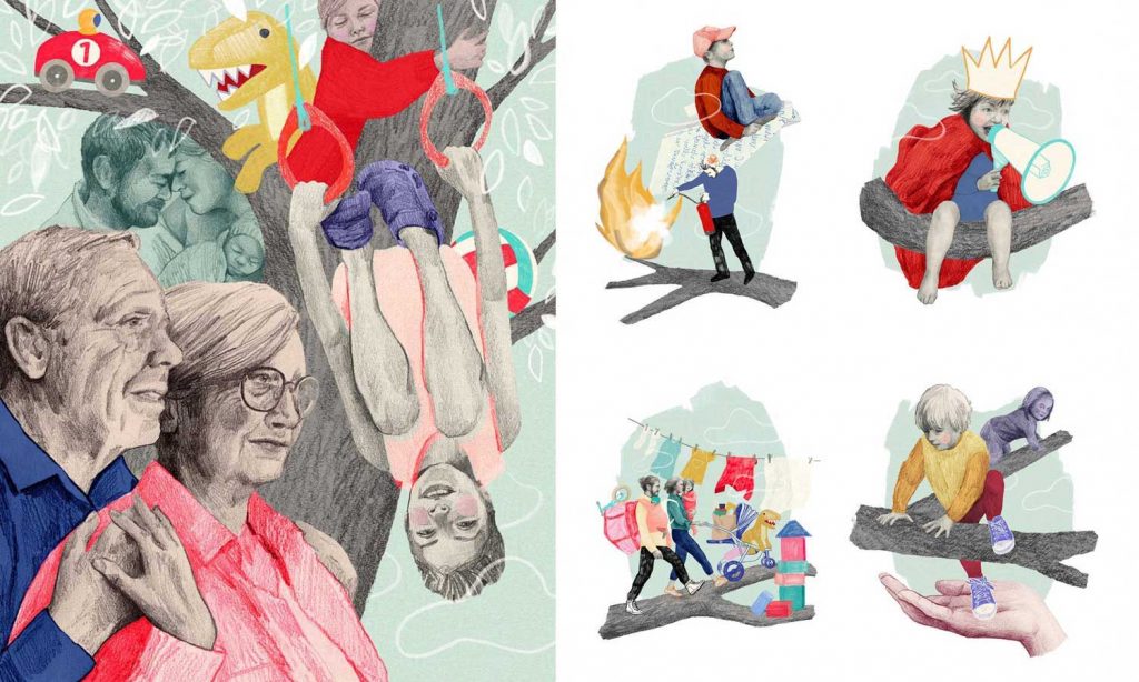 Editorial-Illustration von Christina Mühlhöfer zum Thema Familienleben in Mixed Media