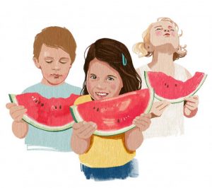 Food Illustration Kinder mit Melone von Christina Mühlhöfer