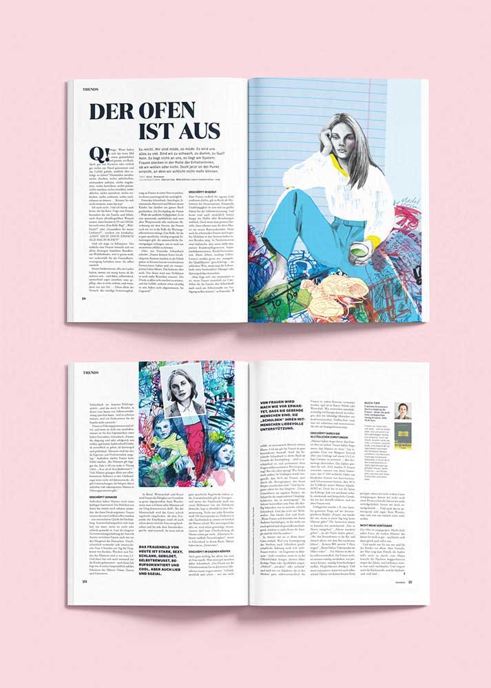Diese Illustrationen von Christina Mühlhöfer in Mixed Media beschäftigt sich mit dem Thema Care Arbeit