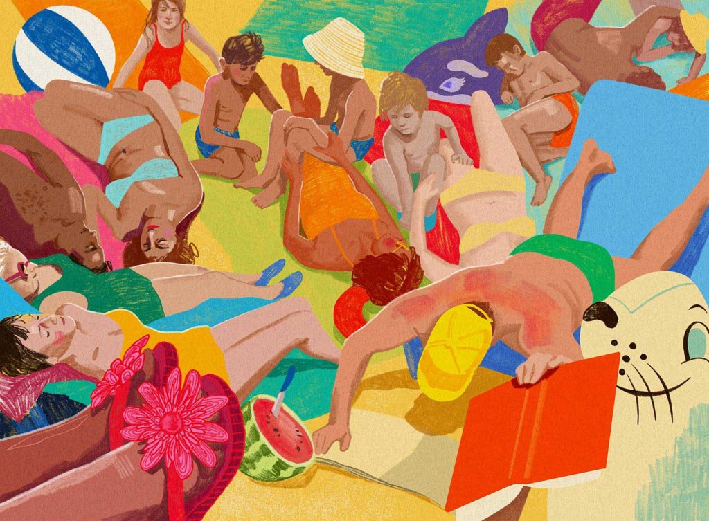 Digital gezeichnete Illustration einer bunten Strandszene mit vielen Menschen von Christina Mühlhöfer