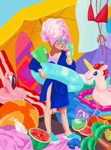 Digital gezeichnete Illustration einer bunten Strandszene von Christina Mühlhöfer