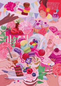 Illustration für ein Puzzlemotiv das viele Kuchen und Süßigkeiten darstellt digital gezeichnet von Christina Mühlhöfer