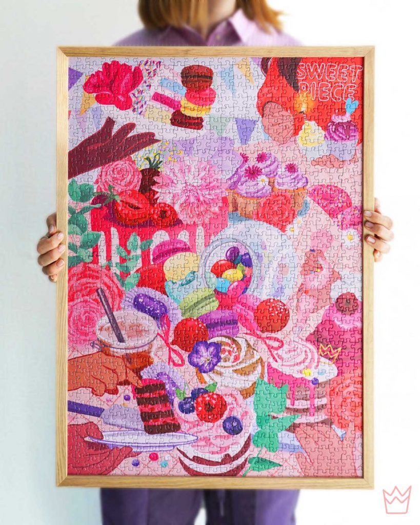 Illustration für ein Puzzlemotiv das viele Kuchen und Süßigkeiten darstellt digital gezeichnet von Christina Mühlhöfer